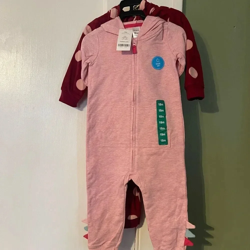 Carter's Infant 2-pack hooded Jumpsuit pink and burgundy color